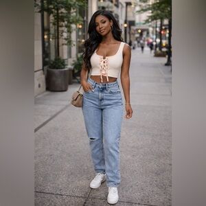 Puma by Rihanna Women's Cream Lace-Up Crop Top